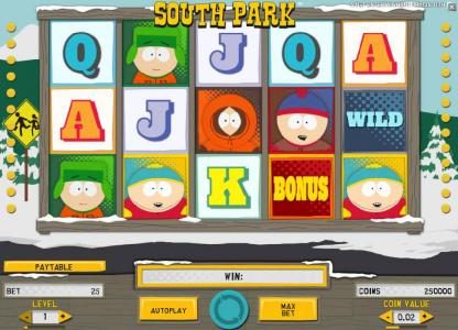 main game board featuring five reels and 25 paylines with a chance to win up to 1250000 coins