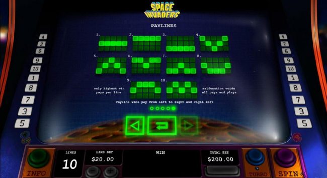 Payline Diagrams 1-10. Paylines pay left to right and right to left.