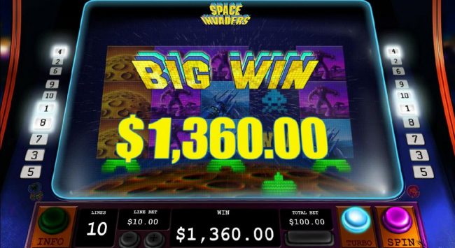 Multiple winning paylines triggers a 1,360.00 big win!
