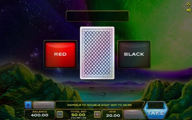 Gamble feature game board is available after every winning spin. For a chance to increase your winnings, select the correct color of the next card or take win.