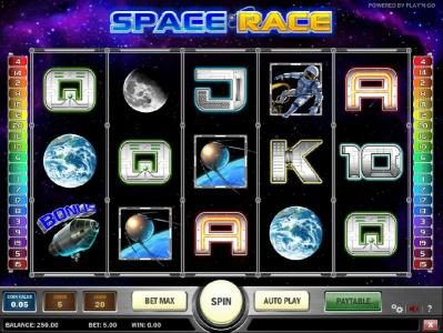 main game board featuring five reels, twenty paylines and a 5000x max payout