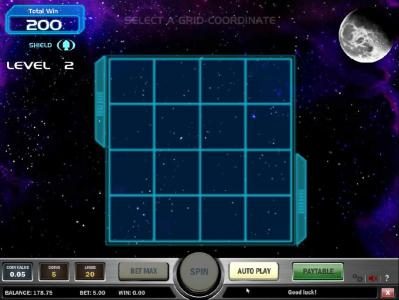 200 coins awarded for passing level 1. select a grid-coordinate to land your ship