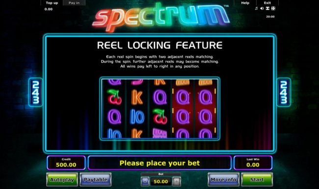 Reel Locking Feature - Each reel spin begins with two adjacent reels matching.