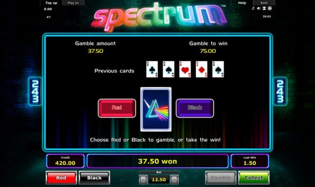 Gamble Feature - To gamble any win press Gamble then select Red or Black.