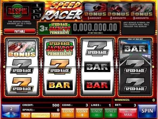 A car racing themed main game board featuring three reels and 1 payline with a progressive jackpot max payout.