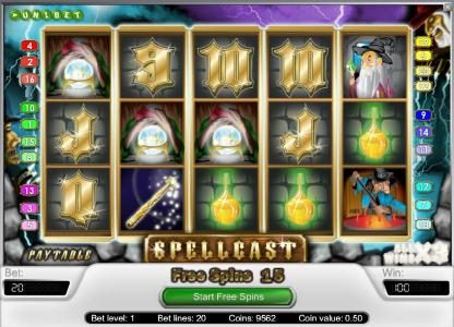 free spins feature triggered by three scatter symbols and 15 free spins awarded