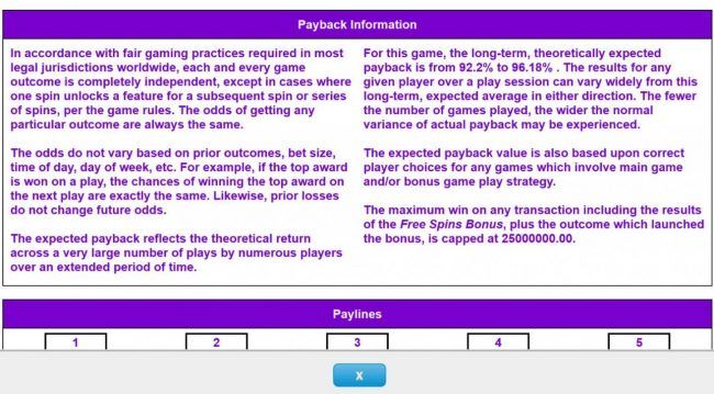 Payback Information - Theoretical return To Player is from 92.20% to 96.18%. The maximum win on any transaction is capped at 25,000,000.