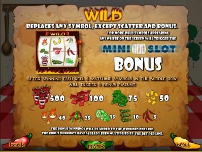wild and mini slot bonus feature paytable