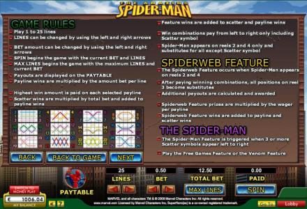 Game Rules, Spiderweb Feature Rules and Payline Diagrams