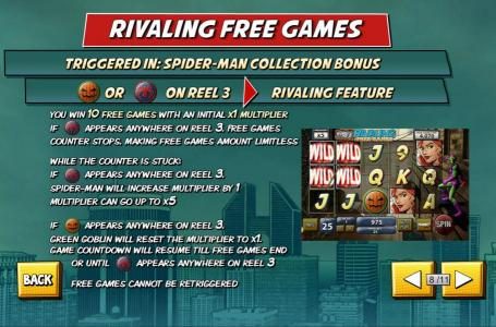 Rivaling Free Games - Triggered in Spider-Man Collection Bonus. A pumpkin or spider on reel 3 triggers rivaling free games bonus
