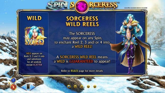 Sorceress wild reels - the sorceress may appear on any spin, to enchant reel 2, 3 and/or 4 into a wild reel! A sorceress wild reel means a wild is gauranteed to appear!