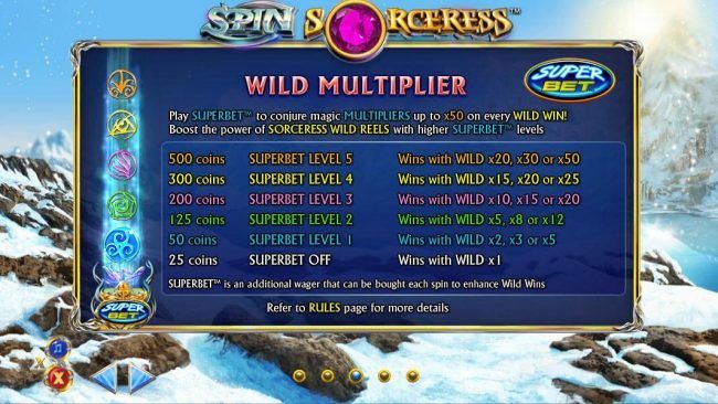 Wild multiplier - Play super bet to conjure magic multipliers up to x50 on every wild win! Boost the power of sorceress wild reels with higher superbet levels. SuperBet is an additional wager that can be bought each spin to enhance wild wins.
