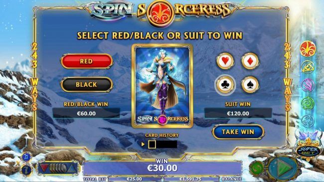 Gamble feature is available after each winning spin. Select color or suit to play.