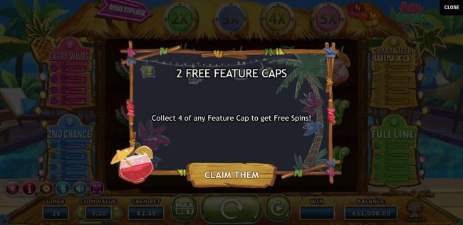 Collect 4 of any feature cap to win free spins