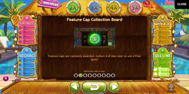 Feature caps are randomly awarded, collect 4 of one color to win 4 free spins