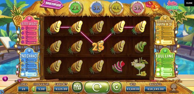 Multiple winning pineapple pay lines leads to a 3,600.00 win