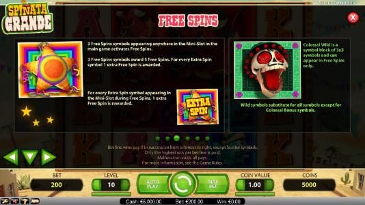 Free Spins - Three Free Spins symbols appearing anywhere in the mini-slot in the main game activates the free spins feature