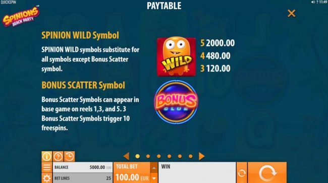 Spinion Wild symbol substitutes for all symbols except Bonus Scatter symbol. Bonus Club scatter symbols can appear in base game on reels 1, 3 and 5. Three Bonus scatter symbols trigger 10 free spins.