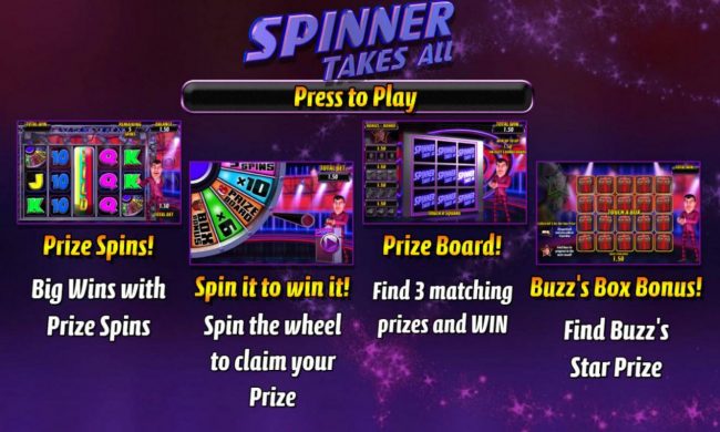 Game features include: Prize Spins, Spin it to Win it, Prize Board and Buzzs Box Board