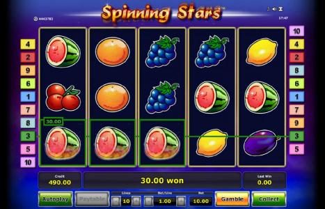 three of a kond watermelon symbols triggers a 30.00 jackpot