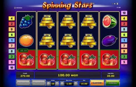 five of a kind cherry symbols triggers a 100.00 coin big win.