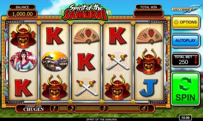 Main game board featuring five reels and 20 paylines with a $250,000 max payout.