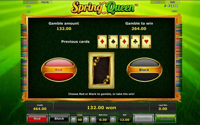 Gamble Feature - To gamble any win press Gamble then select Red or Black.