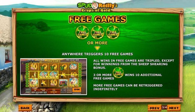 Three or more four-leaf clover symbols anywhere triggers 10 free games.