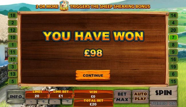 Sheep Shearing Bonus feature pays out a total of 98.00