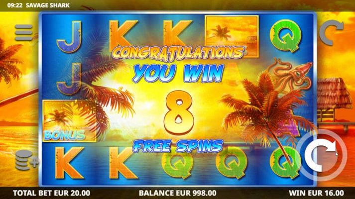 8 free spins awarded