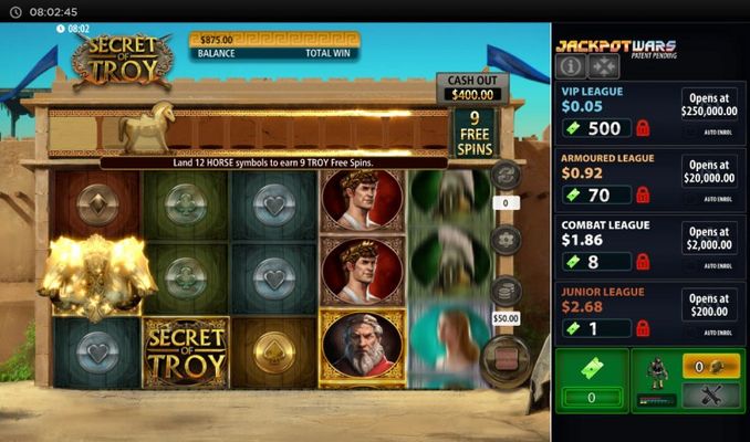 Secret of Troy Jackpot Wars :: Collect 12 horse symbols and activate Swift Footed Free Spins feature