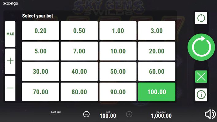 Sky Gems 5 Wilds :: Available Betting Options