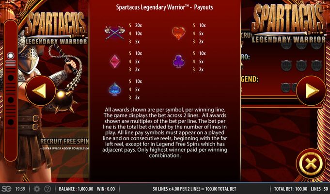 Spartacus Legendary Warrior :: Low Value Symbols Paytable
