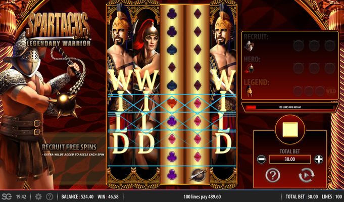 Spartacus Legendary Warrior :: Stacked wild symbols triggers multiple winning paylines