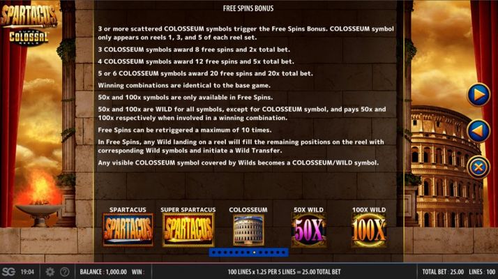 Spartacus Super Colossal Reels :: Free Spin Feature Rules