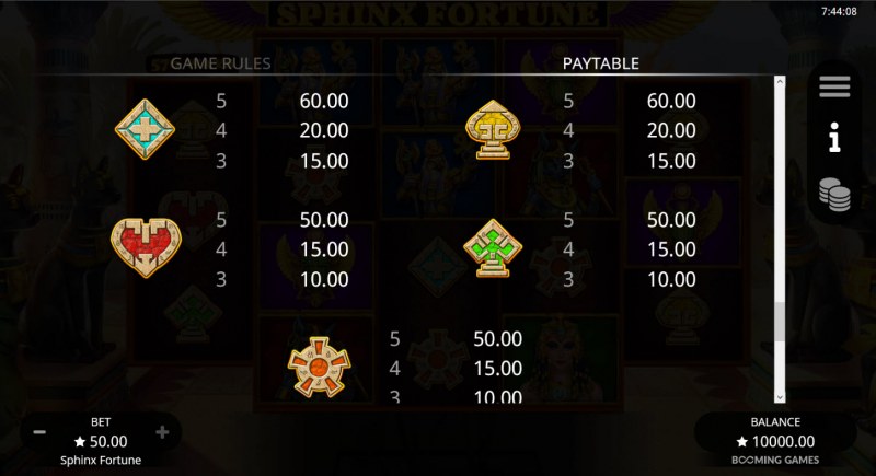 Sphinx Fortune :: Paytable - Low Value Symbols