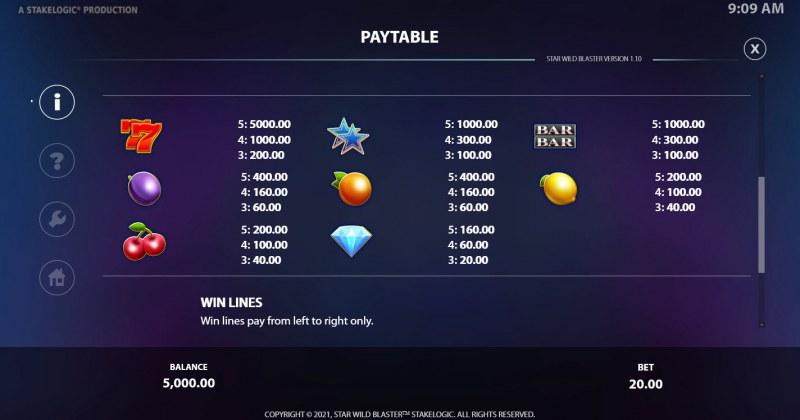 Star Wild Blaster :: Paytable