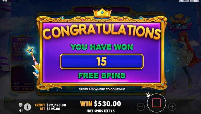 15 free spins awarded