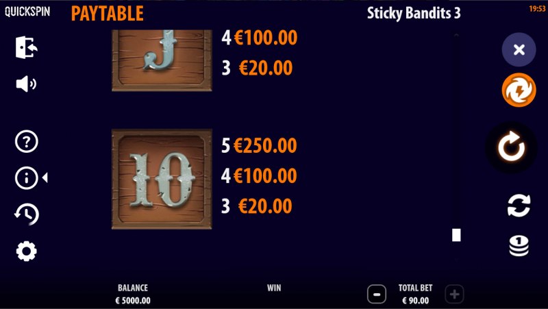 Sticky Bandits 3 Most Wanted :: Paytable - Low Value Symbols
