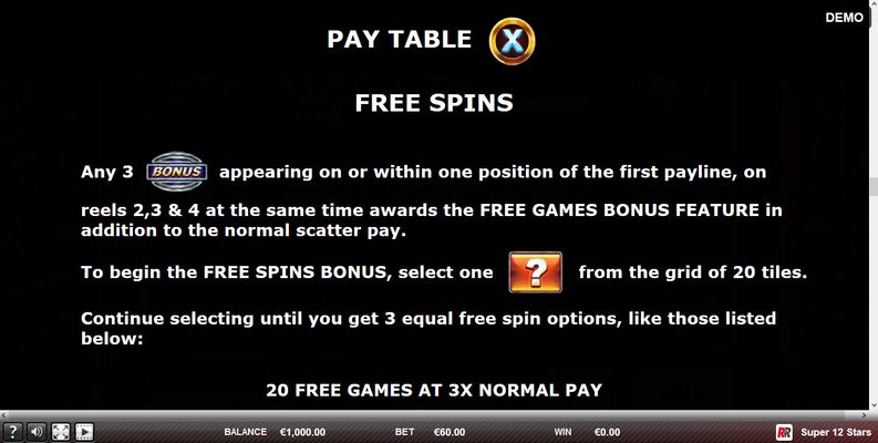 Super 12 Stars :: Free Spins Rules