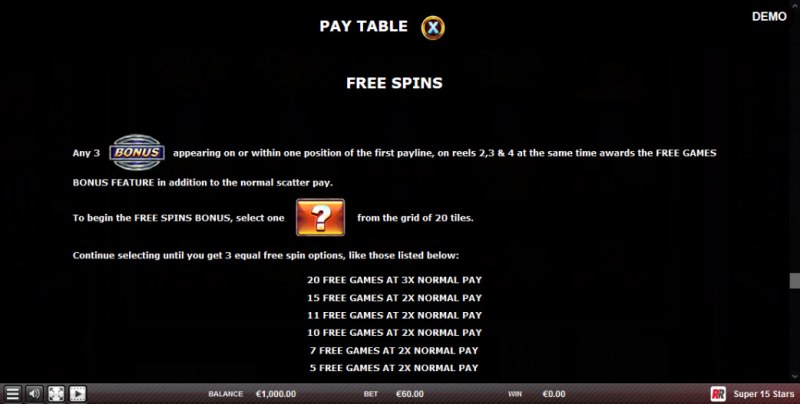 Super 15 Stars :: Free Spins Rules