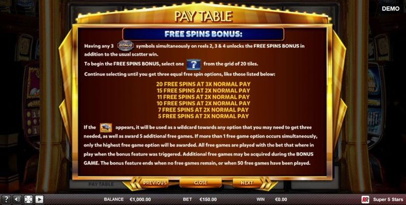 Super 5 Stars :: Free Spins Rules