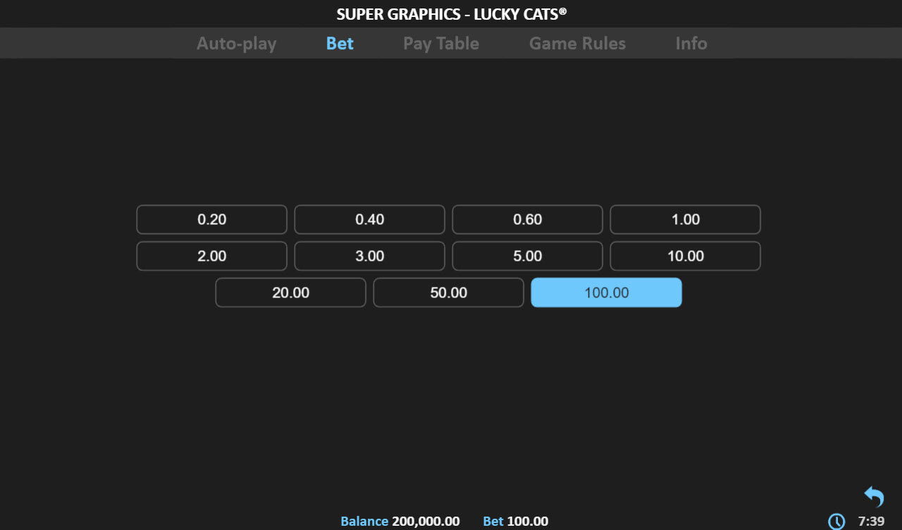 Super Graphics Lucky Cats :: Available Betting Options