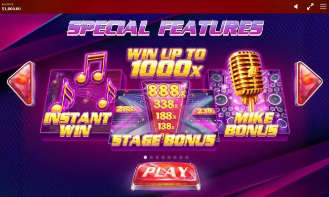 Game features include: Instant Win, Stage Bonus and Mike Bonus.