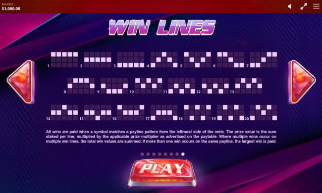 Payline Diagrams 1-20. All wins are paid when a symbol matches a payline pattern from the leftmost side of the reels.