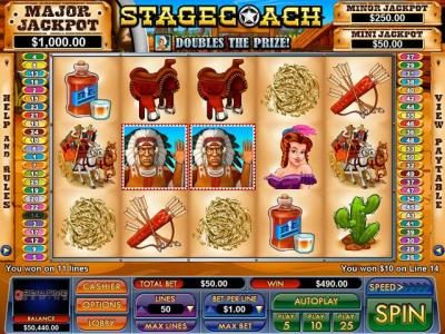 main game board featuring five reels and 50 paylines