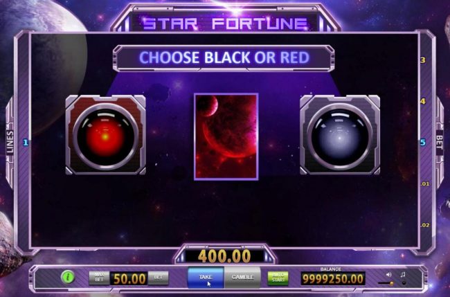 Gamble Feature Rules - The feature is available after each winning spin. Last win amount becomes your stake in the Gamble game. Your goal is to guess the color of the next card.