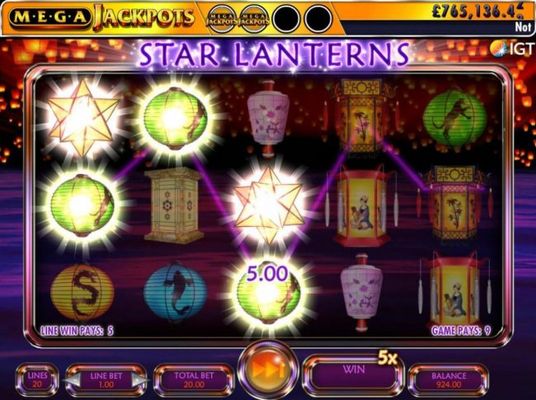 Star symbols reveal two MegaJackpots symbols and a 5x multiplier