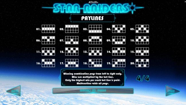 Payline Diagrams 1-20. Winning combination pays from left to right only. Wins are multiplied by the bet line. Only the Highest win per each bet line is paid.