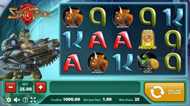 Main game board featuring five reels and 25 paylines with a $300 max payout.